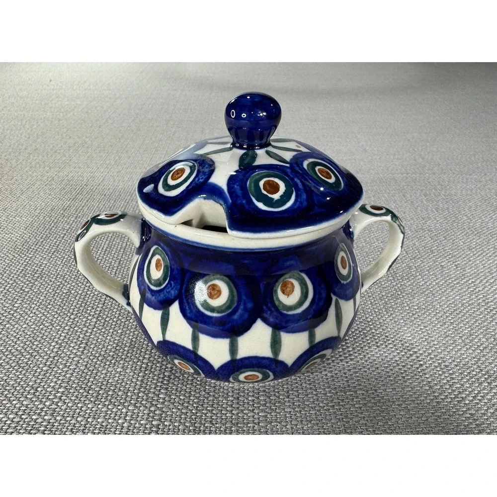Polish Pottery Peacock Double Handle Sugar Bowl with Lid